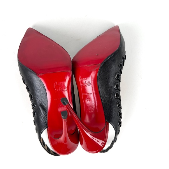 Christian Louboutin Ostri Sling 100  Leather Black Red Pointed Toe Slingbacks - Picture 9 of 10